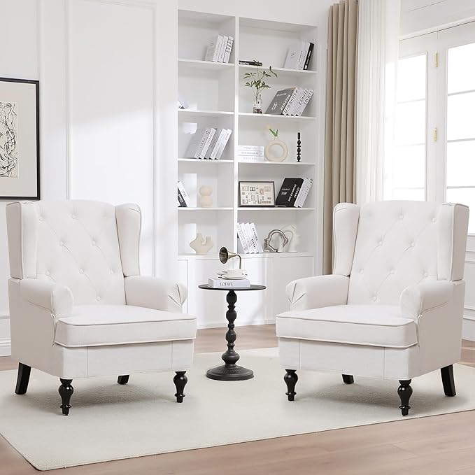 Accent Chair Set of 2, Mid Century Modern Fabric Wingback Chair, Upholstered