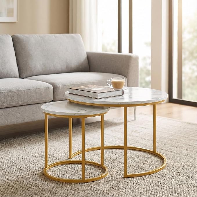 Round Nesting Coffee Table Set of 2, Modern Marble Pattern Wooden Nesting Tables