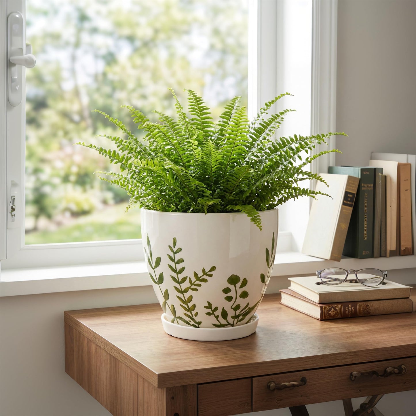 MPotTo Ceramic Pot for Plants 8.2 Inch - Indoor Plant Pot with Drainage Hole and Saucer, Decorative Boho Round Outdoor Planter, Gardening Gifts for Women Men, Room Patio Office Home Decor, White
