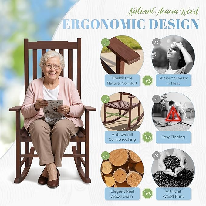 Flamaker Acacia Wood Patio Rocking Chair Set of 2, High Back and Widen Armrest