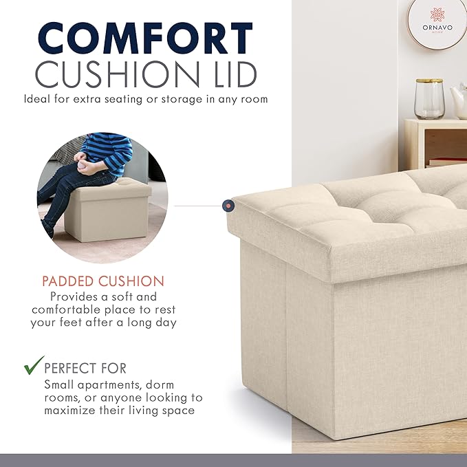 Ornavo Home Small Storage Ottoman, Foldable Collapsible Rectangle Linen Ottoman