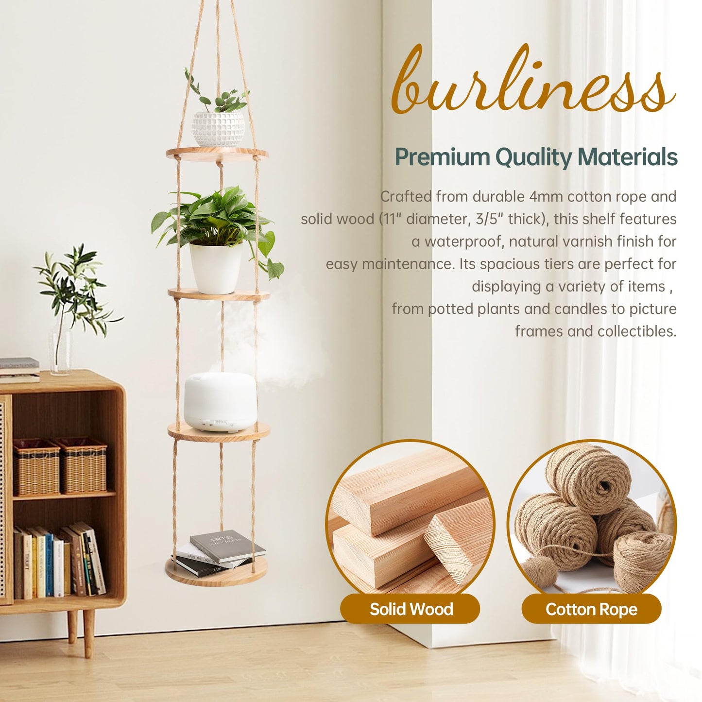 Hemp Rope Hanging Plant Shelf from Ceiling for Narrow Space or window Boho Hanging plant Shelves, Natural Pine Wooden Plant Stand Display for Indoor, Outdoor, Corner, Balcony, Living Room and Bedroom