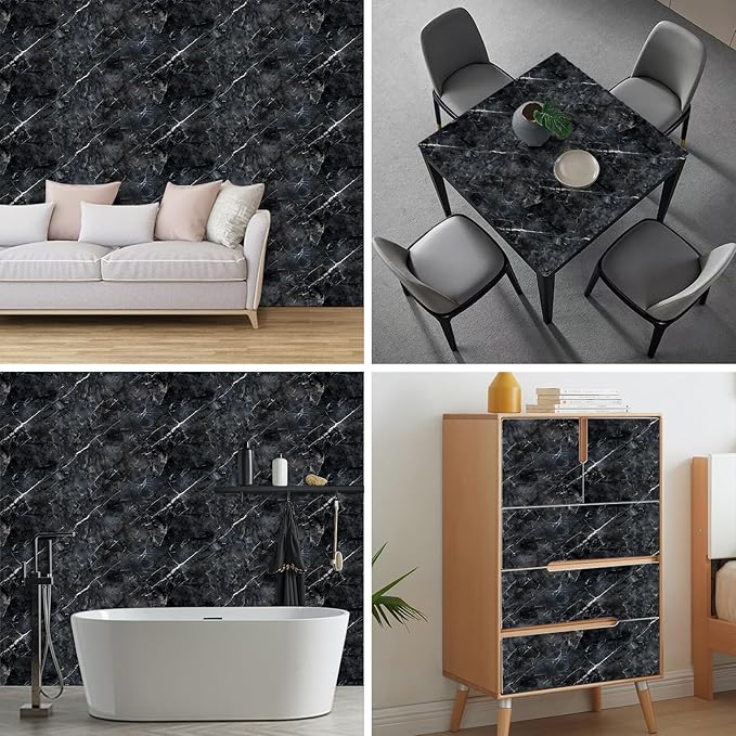 HOMETITUTE Black Marble Wallpaper Peel and Stick Dark Stone Pattern 118.1x17.7
