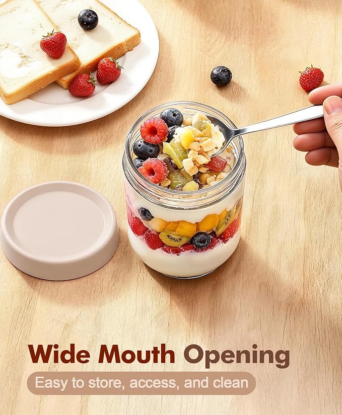 6 pack 16 oz Overnight Oats Containers with Lids and Spoons Glass Jars with Airtight Lids: Wide Mouth Mason Salad Jars, Leakproof and Reusable Glass Food Storage Container for Yogurt Snacks Spice