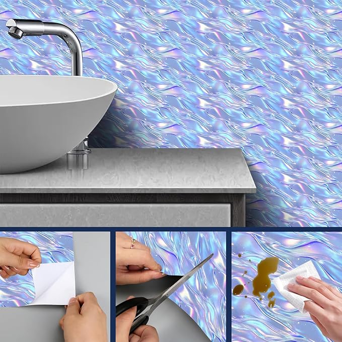 HOMETITUTE Shimmering Lilac Blue Wave Pattern Wallpaper Peel and Stick Contact