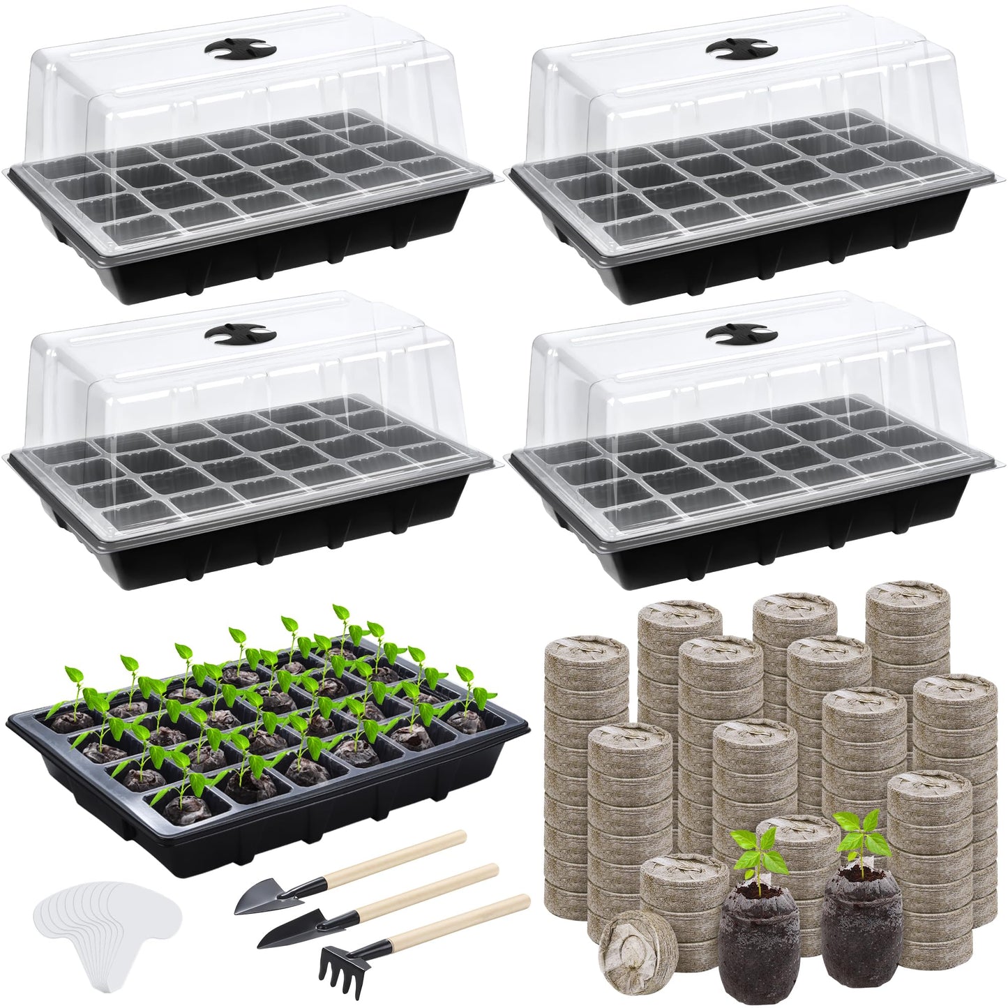 Hahood 4 Sets Seed Starter Tray Kit Germination Starter Tray with Humidity Dome and Base Include 100 Peat Pellets 100 Plant Labels Garden Tools Plastic Plant Growing Trays for Greenhouse Garden, Black