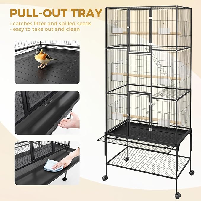Extra Large Bird Cage, 69'' Metal Parrot Flight Cage with Storage Shelf & Pull-Out Tray for Mid-Sized Parrots Parakeets, Canaries, Finches, Cockatiels, Lovebirds