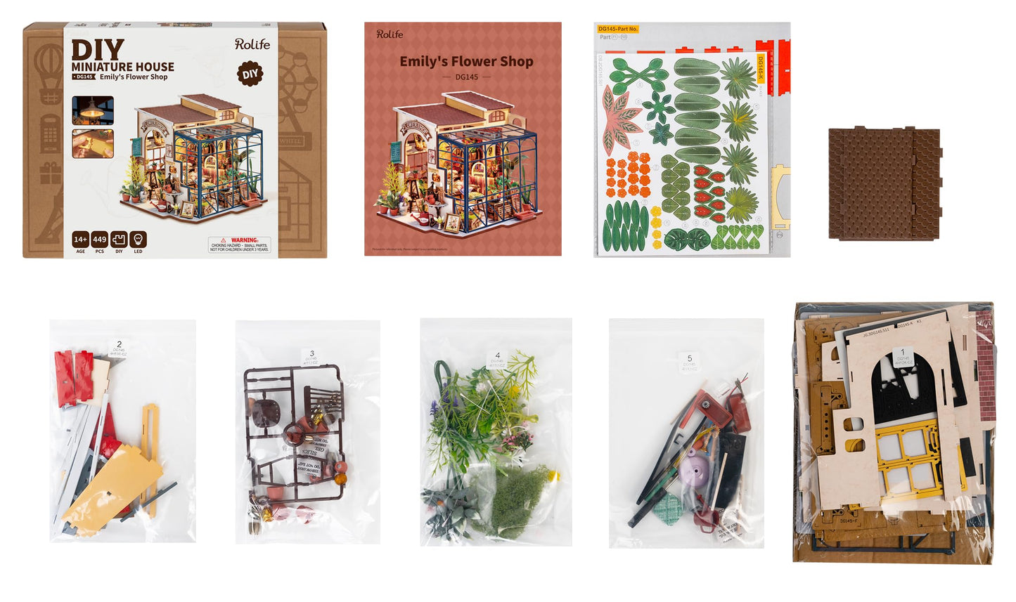 Rolife DIY Miniature House Kit Flower Shop, Tiny House Kit for Adults to Build, Mini House Making Kit with Furniture, Halloween/Christmas Decorations/Gifts for Family and Friends(Emily's Flower Shop)