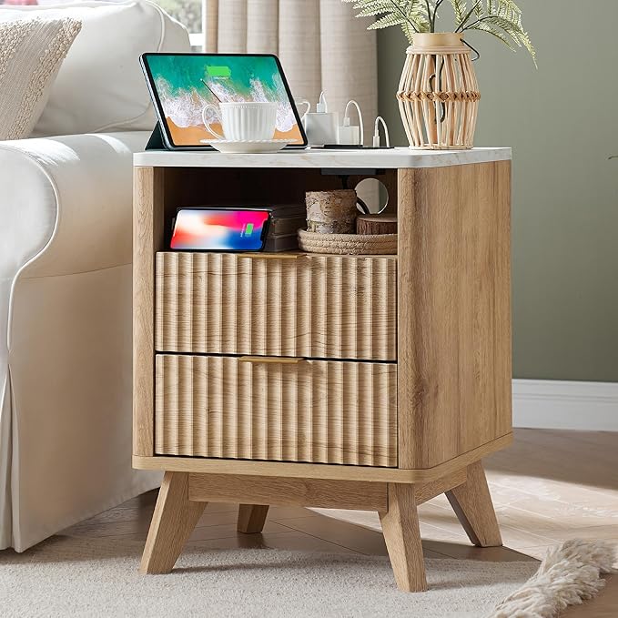 T4TREAM Fluted Nightstand with Charging Station, 2 Drawers End Table w/Storage