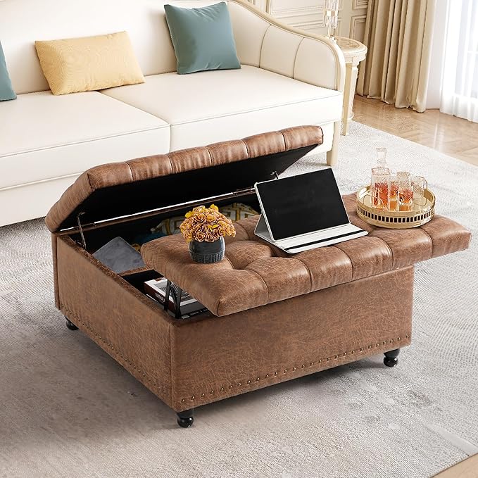 36" Large Square Ottoman with Storage, Tufted Upholstered Storage Ottoman with
