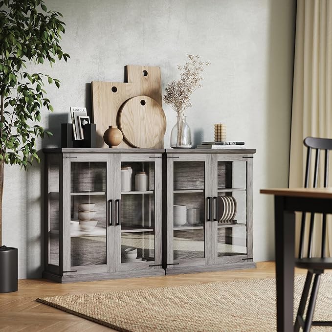 BELLEZE Set of 2 Glass Display Cabinet, Living Room, or Kitchen