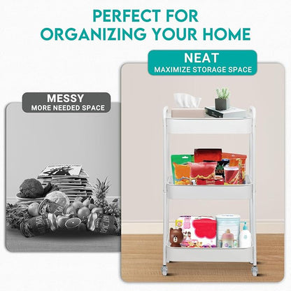 ZOES HOMEWARE 3 Tier Rolling Cart, Metal Utility Cart with 4 Hooks, Rolling Storage Cart on Wheels, Small Organizer Cart for Nursery, Kitchen, Living Room, Bathroom, White