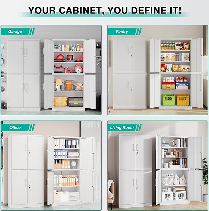 Metal Storage Cabinet with 3 Adjustable Shelves, Tall Steel Pantry Cabinets 4