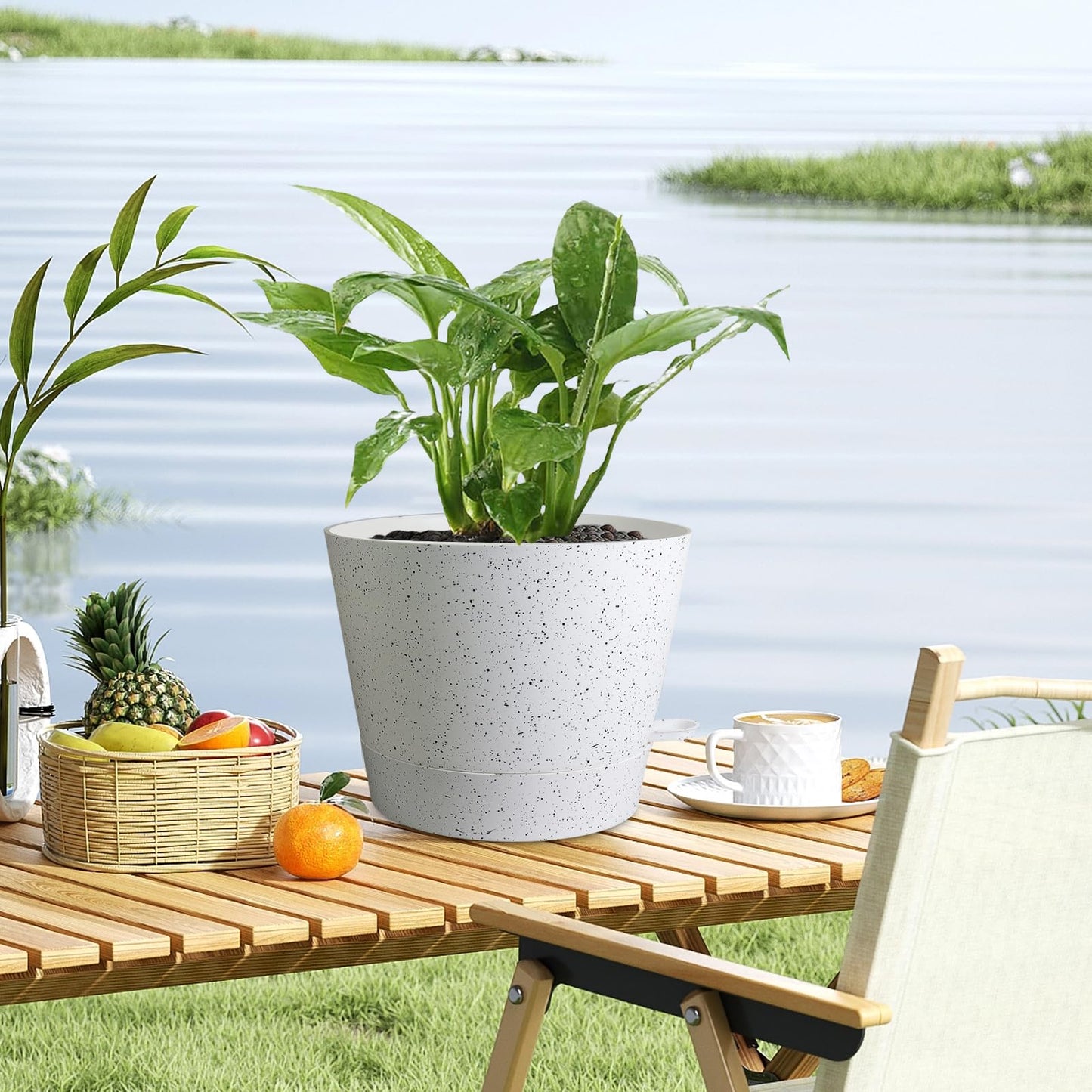 Meowell 12 inch Large Self Watering Pots, Plant Pots with Mesh Drainage Holes for Indoor Outdoor Plants, Plastic Planters with Deep Reservoir for Garden House Flower Plants, Speckled White