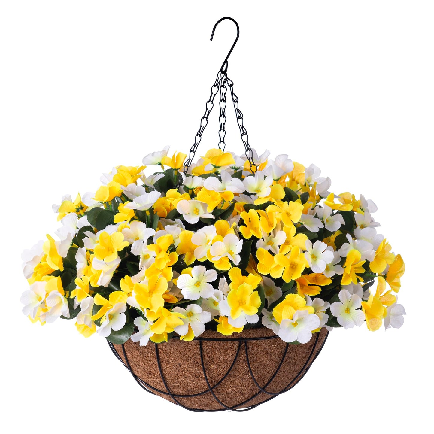 INXUGAO Artificial Hanging Flowers with Basket for Outdoor, Fake Hydrangea UV Resistant Arrangements in Pot Planter Spring Summer Decor for Porch Garden Yard(Yellow White)