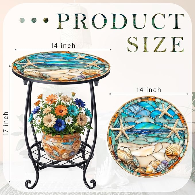 Cinnvoice Outdoor Side Table Round Small Mosaic Patio Accent Indoor End Plant
