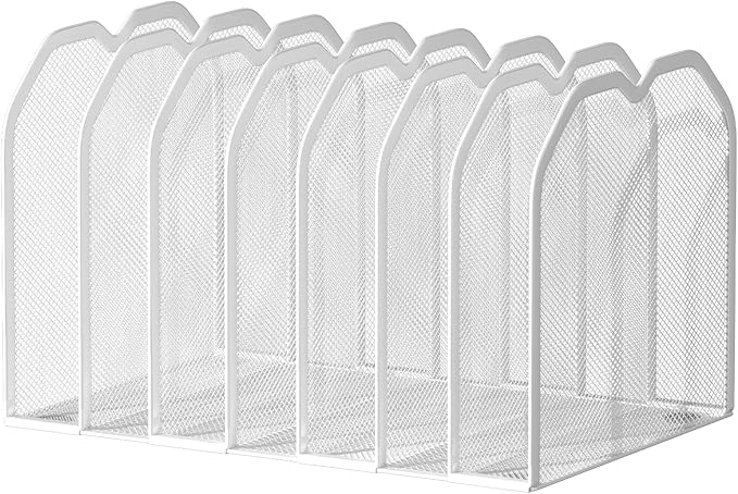 FANXIYQ White 7-Section File Folder Organizer for Desk – Metal Vertical File Holder, Desktop File Organizer Vertical Stand, Letter/A4 Folder Rack, Upright File Sorter, Office Paper Organizer