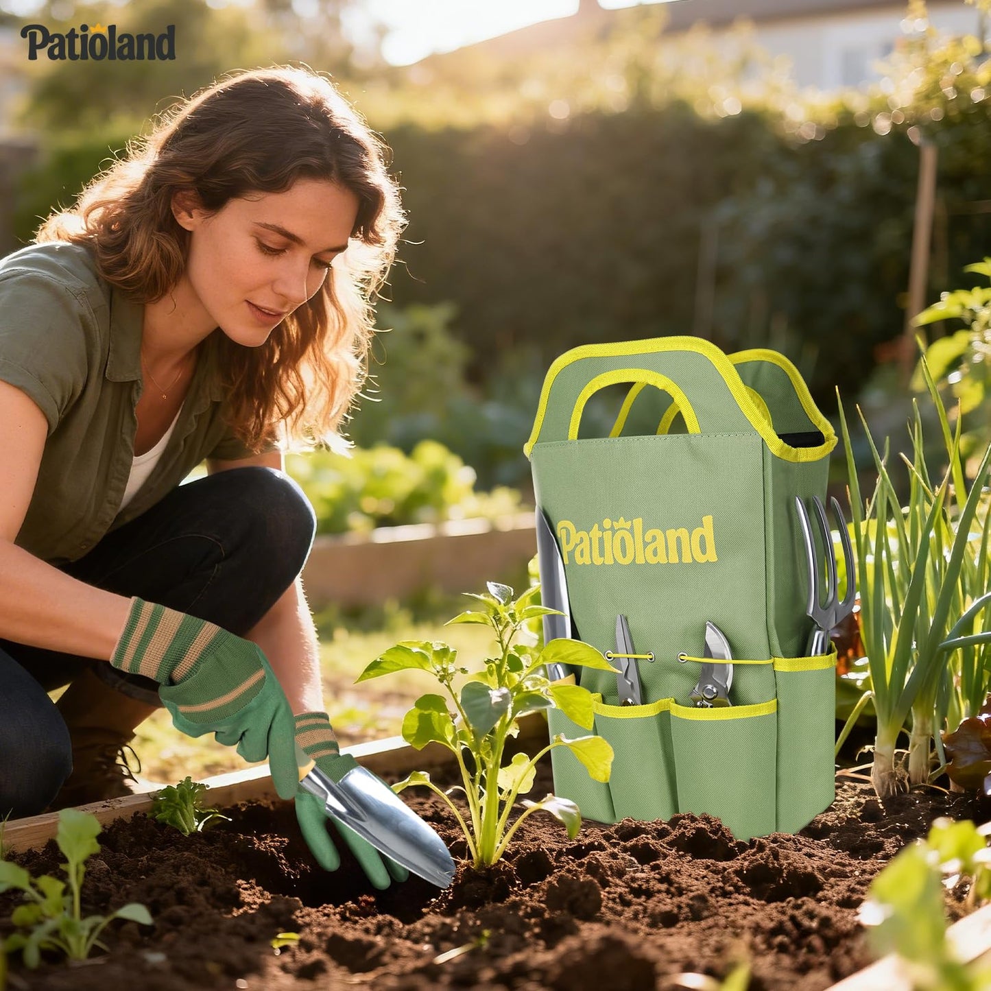 10-Piece Garden Tool Set, Green Gardening Hand Tools Kit with Ergonomic Non-Slip Handles, Heavy Duty Rust-Proof Aluminum Tools, Organizer Tote Bag & Gloves, Ideal Garden Gifts for Women and Men