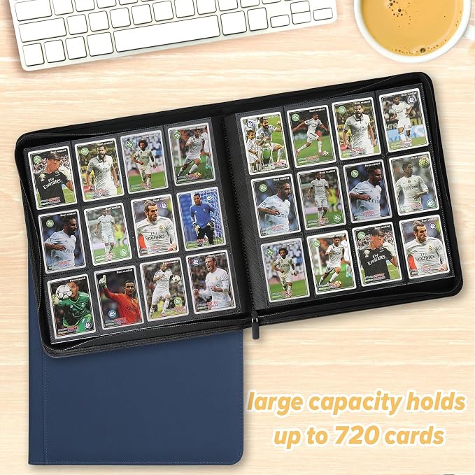 12 Pocket Ringless Side Loading Trading Card Binder, 720 Cards PU Fixed Page Zipper Card Album for TCG Sports Game Cards, Not Fit Top Loaders (Dark Blue)
