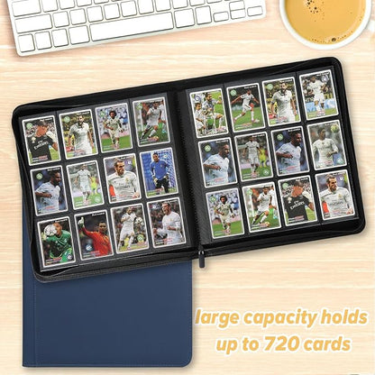 12 Pocket Ringless Side Loading Trading Card Binder, 720 Cards PU Fixed Page Zipper Card Album for TCG Sports Game Cards, Not Fit Top Loaders (Dark Blue)