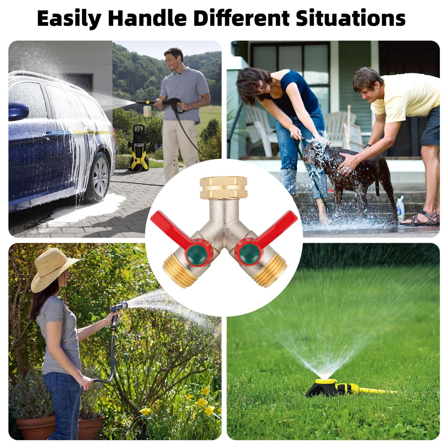 DINGBAI Garden Hose Splitter High Flow, 3/4”GHT Inlet Brass Heavy Duty Full Flow Hose Splitter 2-Way, Hose Y-Valve Faucet Splitter, Runner and Large Outlet with Extended Handle.