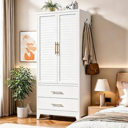 Metal Armoire Wardrobe Closet, 71" Clothing Storage Cabinets with Adjustable Hanging Rod and Shelves , Louvered Doors, 2 Side Hooks & 2 Drawers - Closet Cabinet for Bedroom, Laundry Room, Cloak Room
