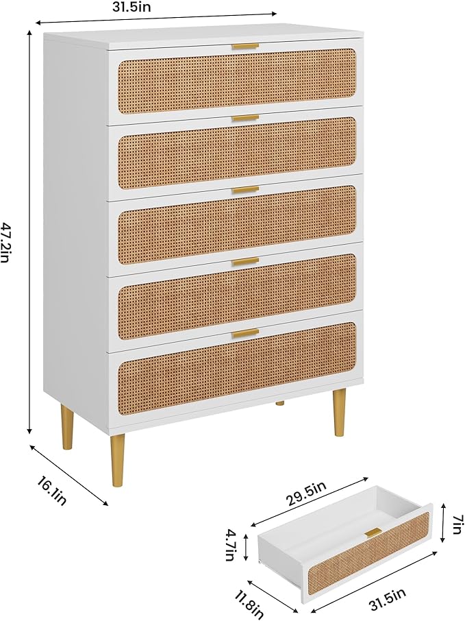 GarveeHome Rattan 5 Drawer Dressers