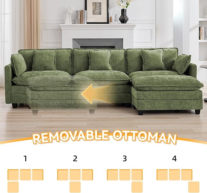 111'' Cloud Deep Seat Sectional Couch, Modern Comfy Chenille L Shaped Sectional