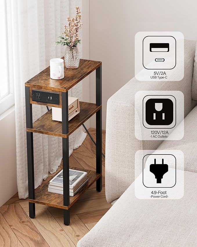 TUTOTAK Narrow Side Table with Charging Station, Small End Table with USB Ports