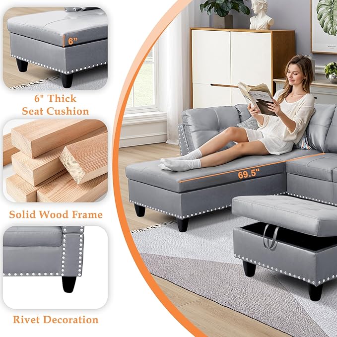 Wakefit Sectional Sofa Couch, Modern 4-Seaters Living Room Furniture Sets