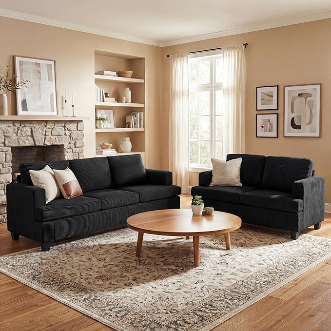 2 Pieces Corduroy Couch Set for Living Room, Deep Seat Floor Couch for Bedroom