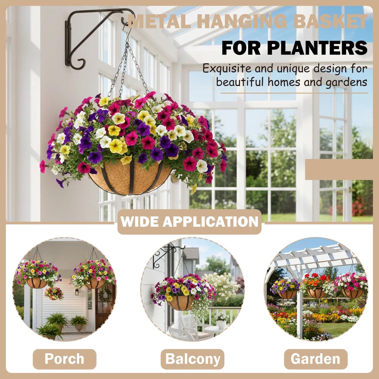 2 Pack 12 inch Metal Hanging Planters Basket Set Round Wire Plant Holder with Coco Fiber Liners Chain Indoor Outdoor Hanging Baskets for Garden Balcony Patio Deck Porch Vegetables Flower Plants