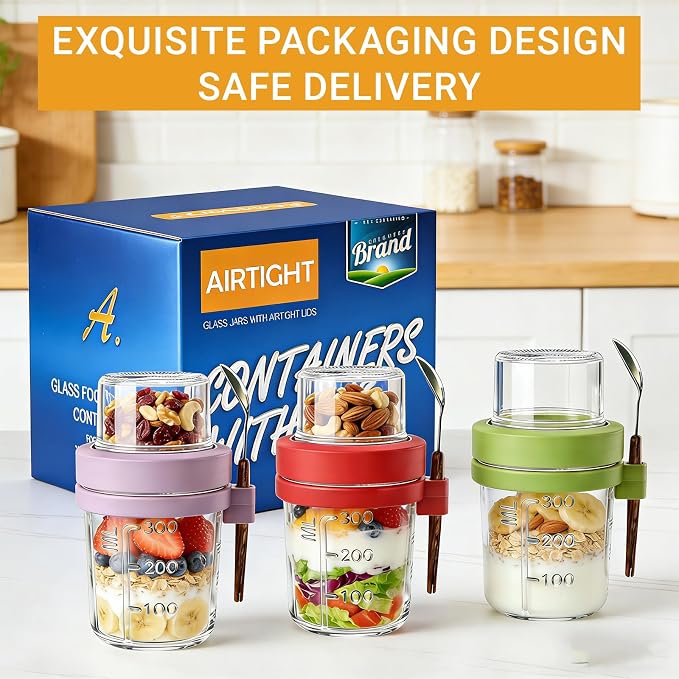 16+4 OZ Glass Mason Jars,Overnight Oats Containers with Lids and Spoon,Removable Independent Compartment,Large Capacity Airtight Jar for Milk,Fruit,Cereal,4 Pack(Purple/Green/White/Red)