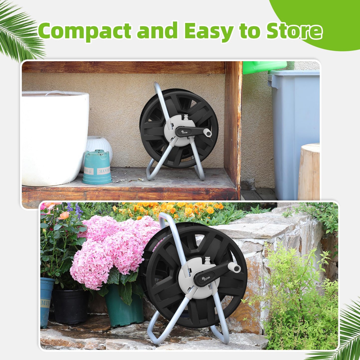 YESTAR Water Hose Reel Cart, Holds 60-80 Ft of 5/8 Inch Hose, Black Wall Mounted Garden Hose Cart, Portable Hose Reel for Convenient Storage and Watering