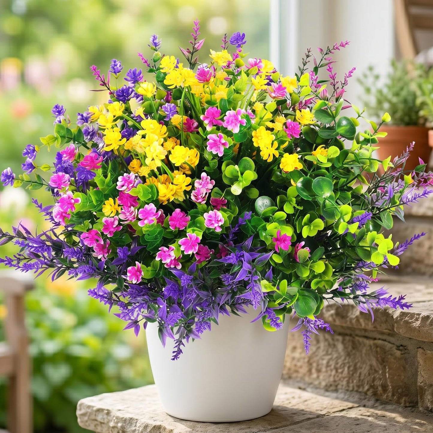 Hananona 12 Pcs Artificial Flowers Outdoor, Faux Artificial Plants UV Resistant Plastic Flower Bulk for Hanging Planter Porch Window Home Wedding Fall Summer Decor (12, Fuchsia, Purple, Yellow, Green)