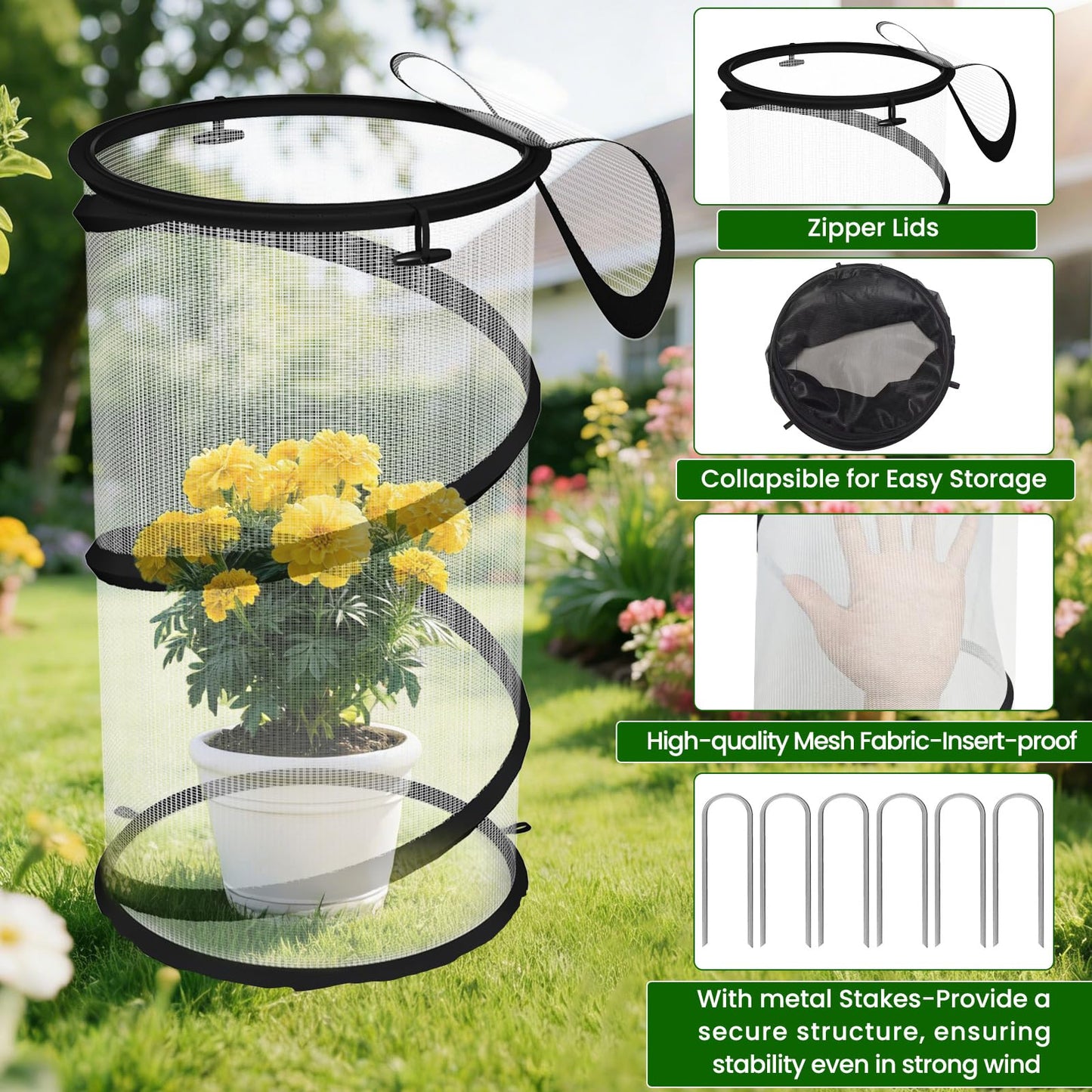 Erinaik 4 Pack Pop up Plant Guard Covers Tent from Animals White, 19.6" x 11.8" Foldable Plant Protectors Mesh Net, Garden Plant Enclosure Protection Cage with Stakes & Carry Bag for Outdoor Plants