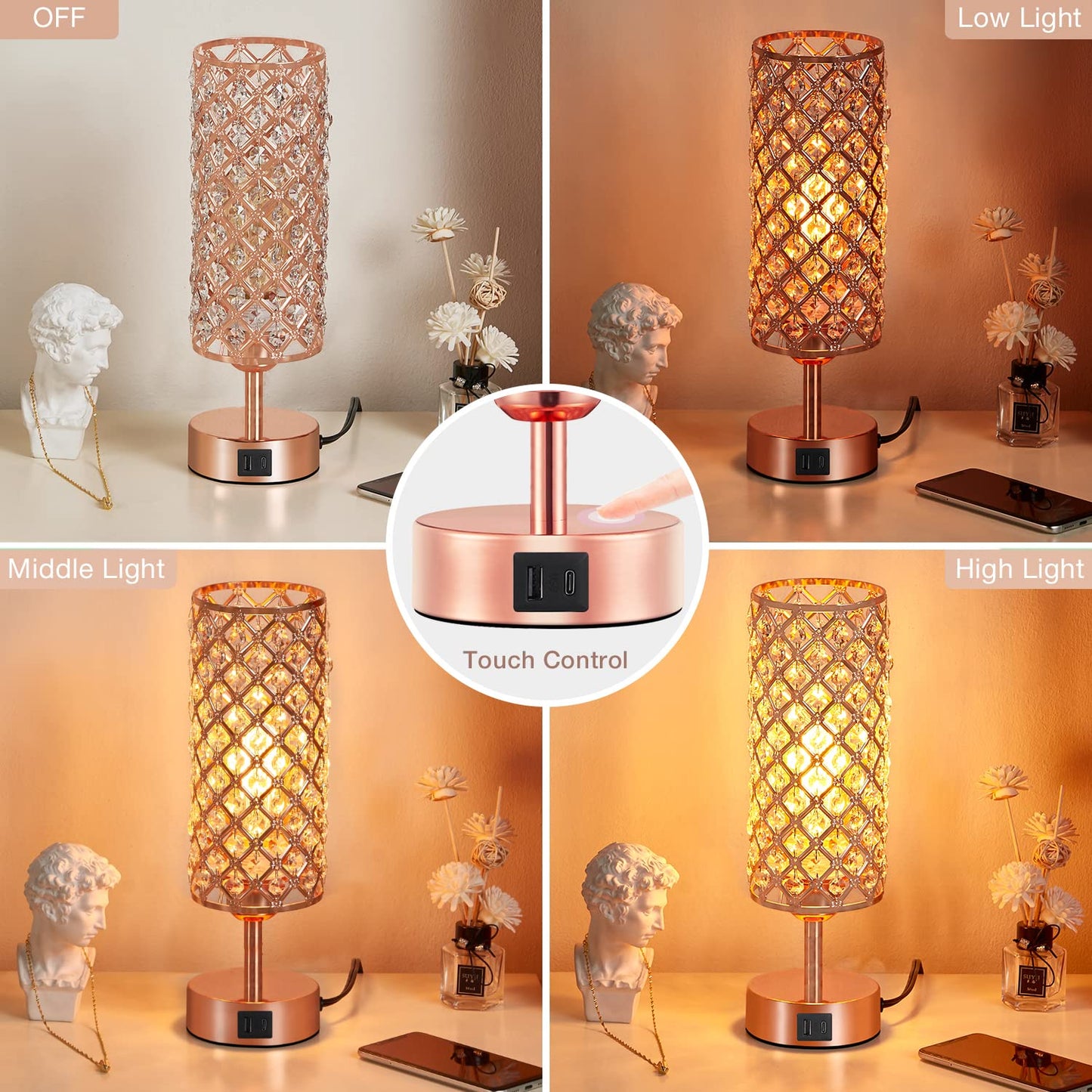 Hong-in Crystal Table Lamp - 3-Way Dimmable Touch Control, Rose Gold Bedside Lamp with USB C and A Ports, Nightstand Light for Living Room, Bedroom, Home Office (Bulb Included)