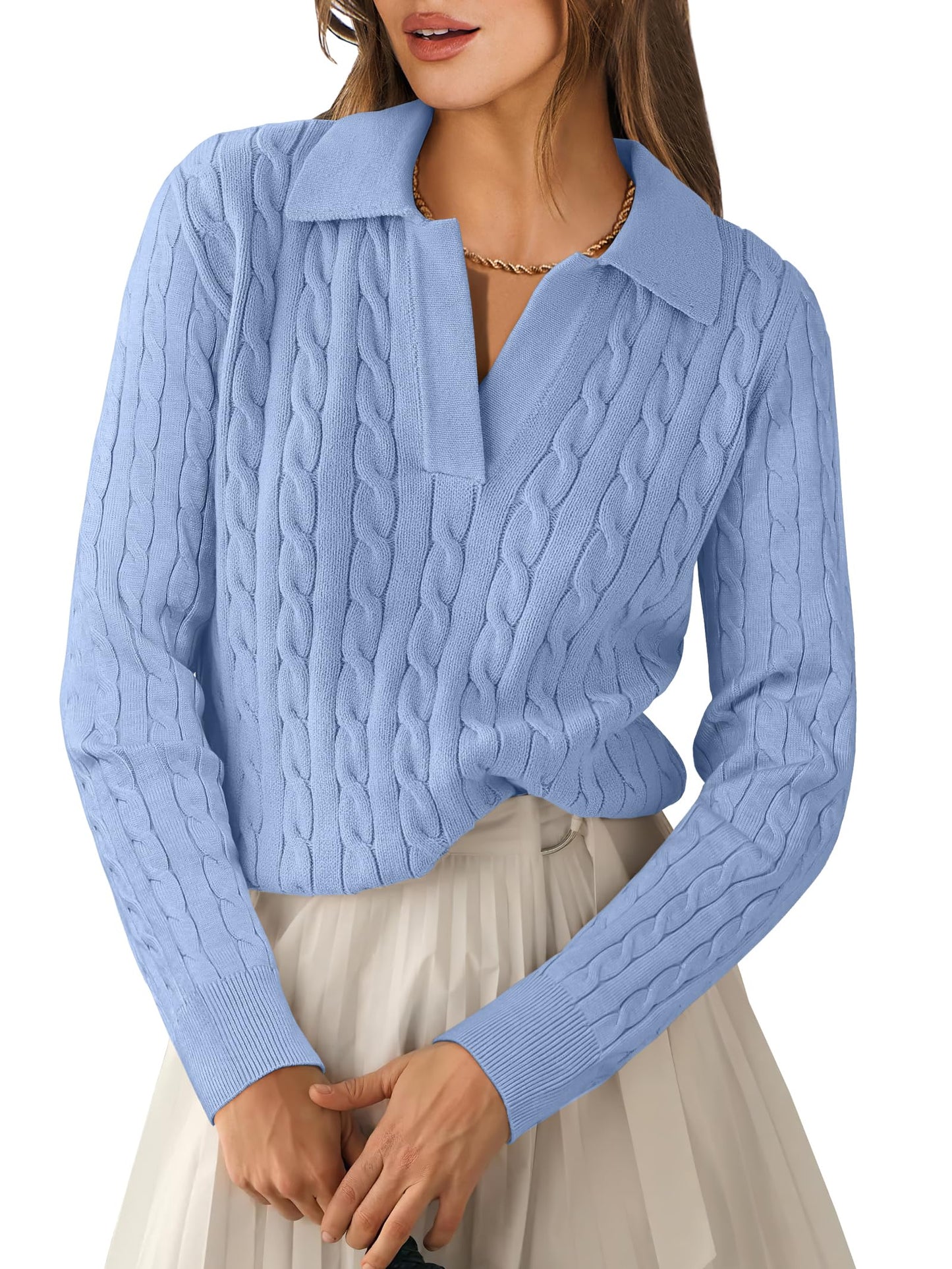 ANRABESS Womens Cable Knit Sweaters Long Sleeve V Neck Sweater Tops Casual Pullover Polo Shirts 2025 Fall Fashion Outfits