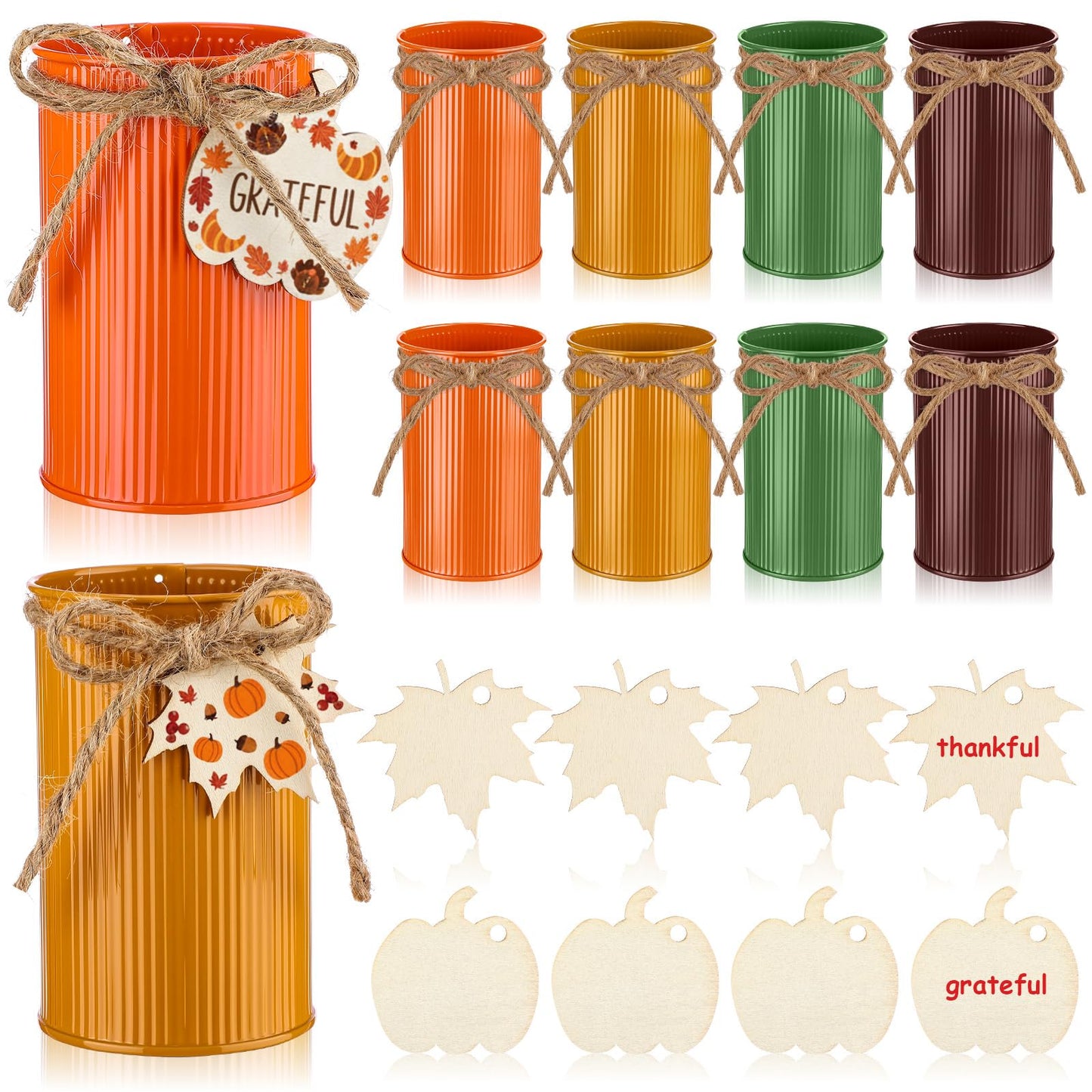 Acellegic 8 Pack Thanksgiving Table Centerpieces Fall Galvanized Metal Vases Decorations Farmhouse Flower Buckets Mason Jar Utensil Holder with Wooden Cutouts & Twine Bow for Holiday Table Decor