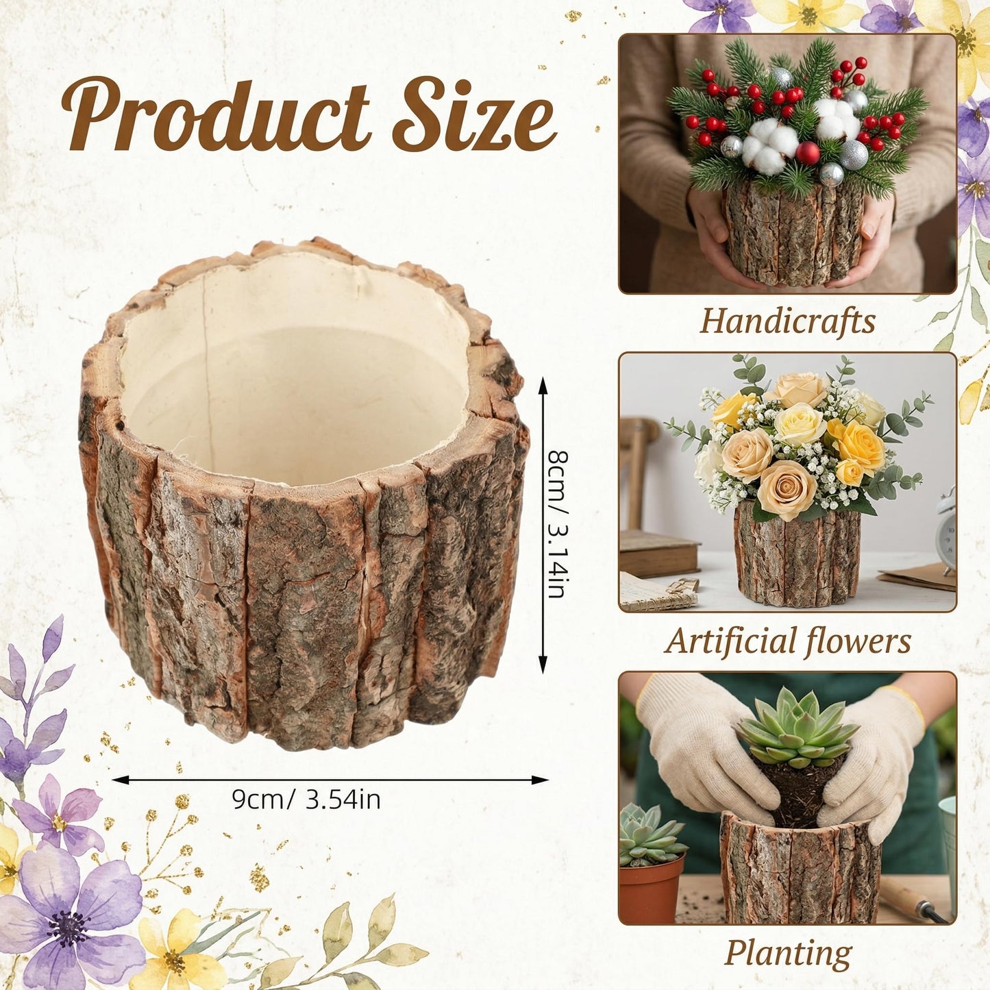 Housoutil Wooden Vase for Centerpieces, 6 Pack Wood Flower Vase Rustic Tree Stump Planter Pots, Wooden Bark Flower Bucket for Wedding, Farmhouse Christmas Table Decor, Round Bark Stump Pots