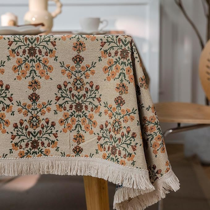 VClife Beige Floral Print Table Cloth, Linen Texture Tablecloth