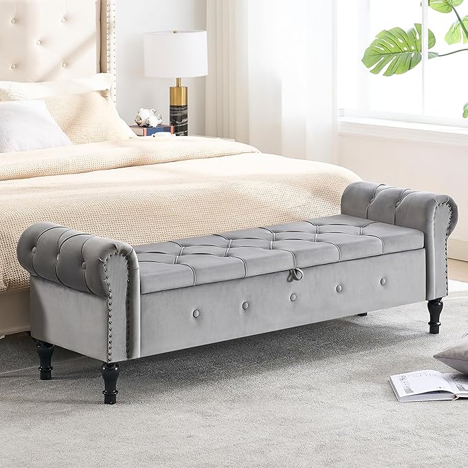 Storage Bench for Bedroom, Velvet 67" End of Bed Bench, King Size Benches