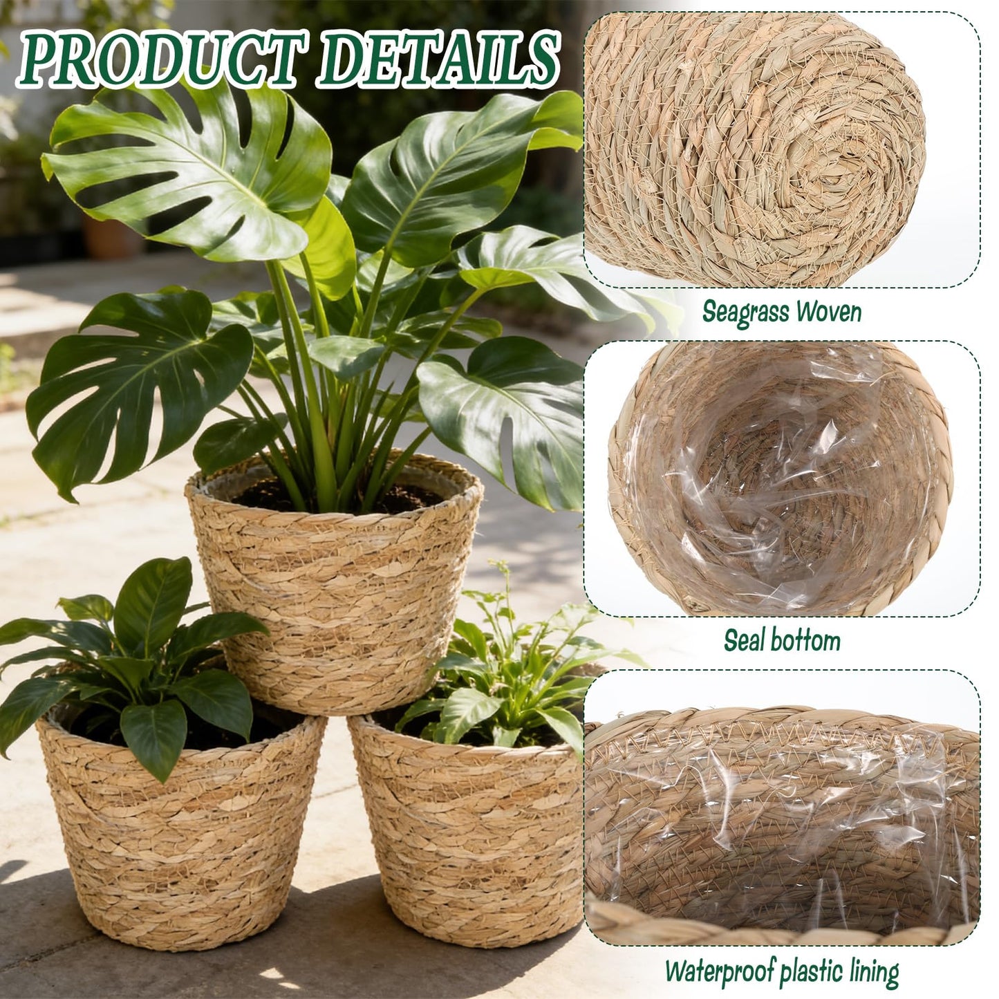 EYUNSTAR 6 Pack Seagrass Planter Basket for Indoor Plants, 7 Inch Woven Plant Pot Cover with Leak-Proof Liner, Rustic Boho Flower Container for Home Decor, Organizing, and Concealing Nursery Pots