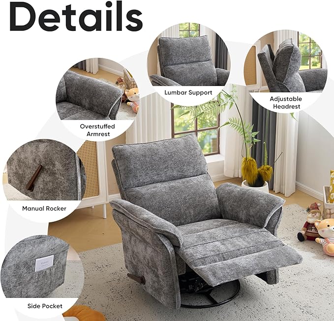 Rocking Chair Nursery with Adjustable Headrest, Manual Swivel Rocker Recliner
