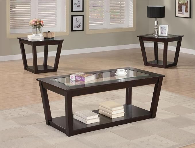 GTU Furniture 3Pc Glass Top Black Cocktail Coffee & End Table Set