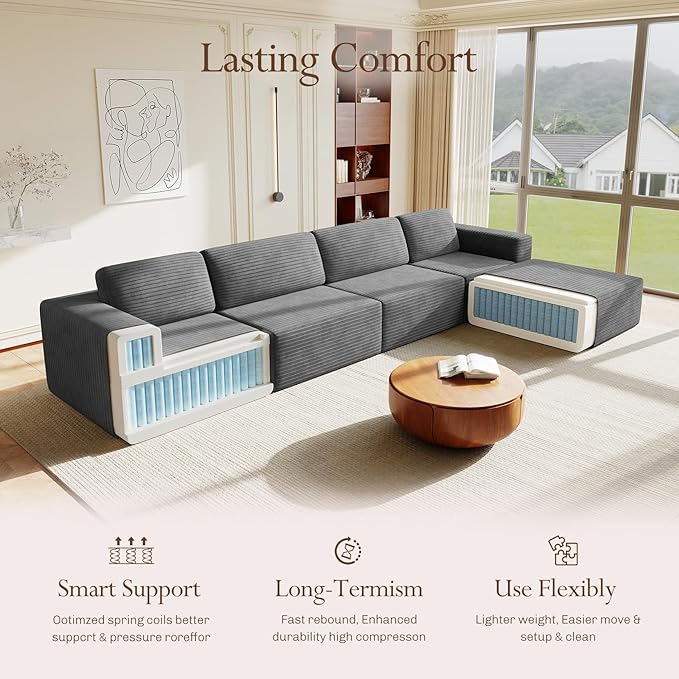 Vesgantti 159" Large Modular Sectional Sofa, L-Shaped Corduroy Cloud Couch