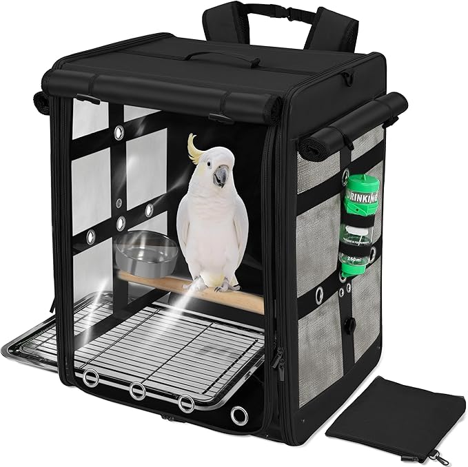 Bird Carrier Travel Cage, Cockatoo Carrier, Parrot Travel Backpack with Unbreakable Stainless Steel Mesh, Perch, Water Bottle and Food Bowl, X-Large Black