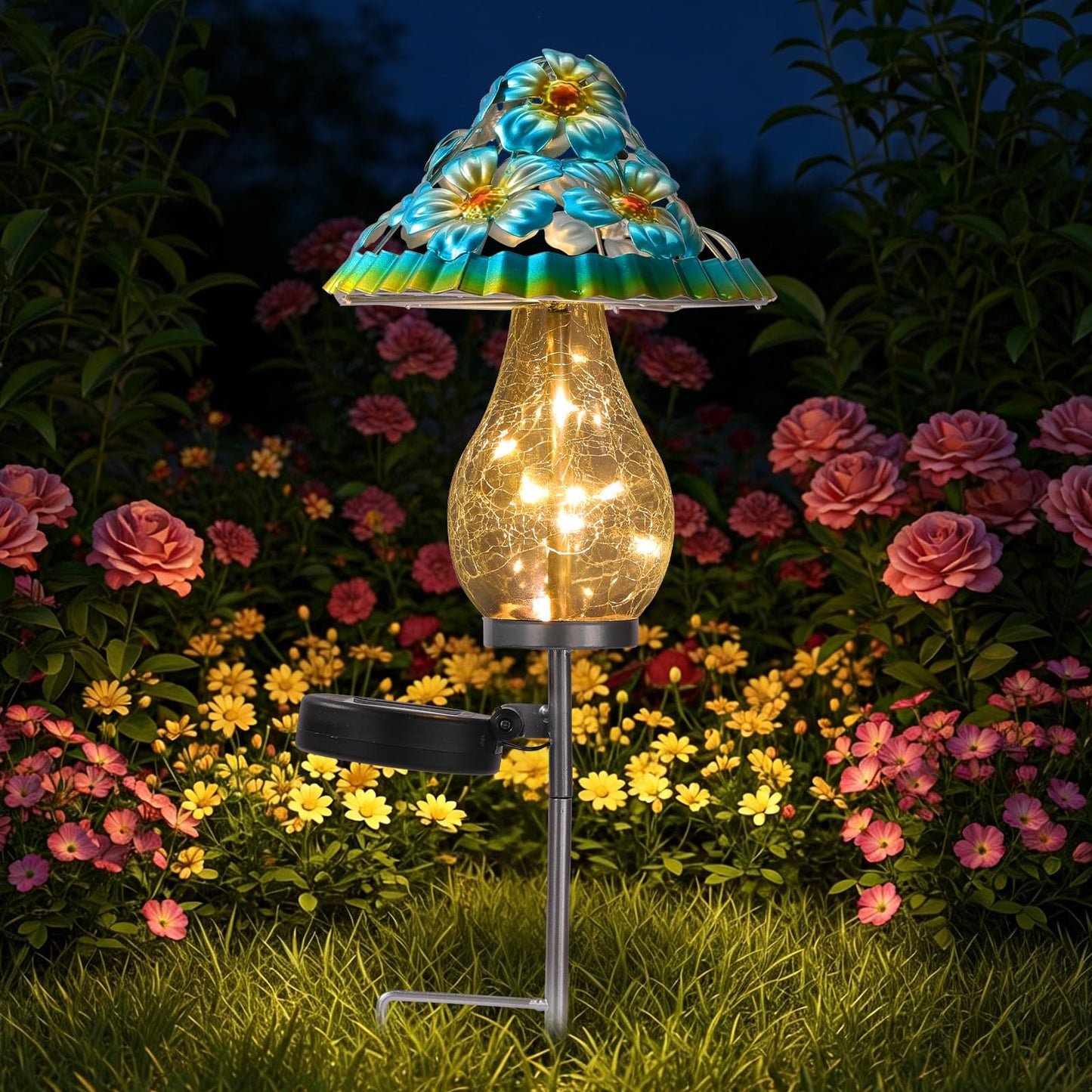 LOVERUIS Garden Statues with Solar Watering Can Lights, Cute Outdoor Garden Decor for Patio Yard Lawn Ornaments, Unique Gift for Women Mom Grandma (ARS-Mushroom Blue)