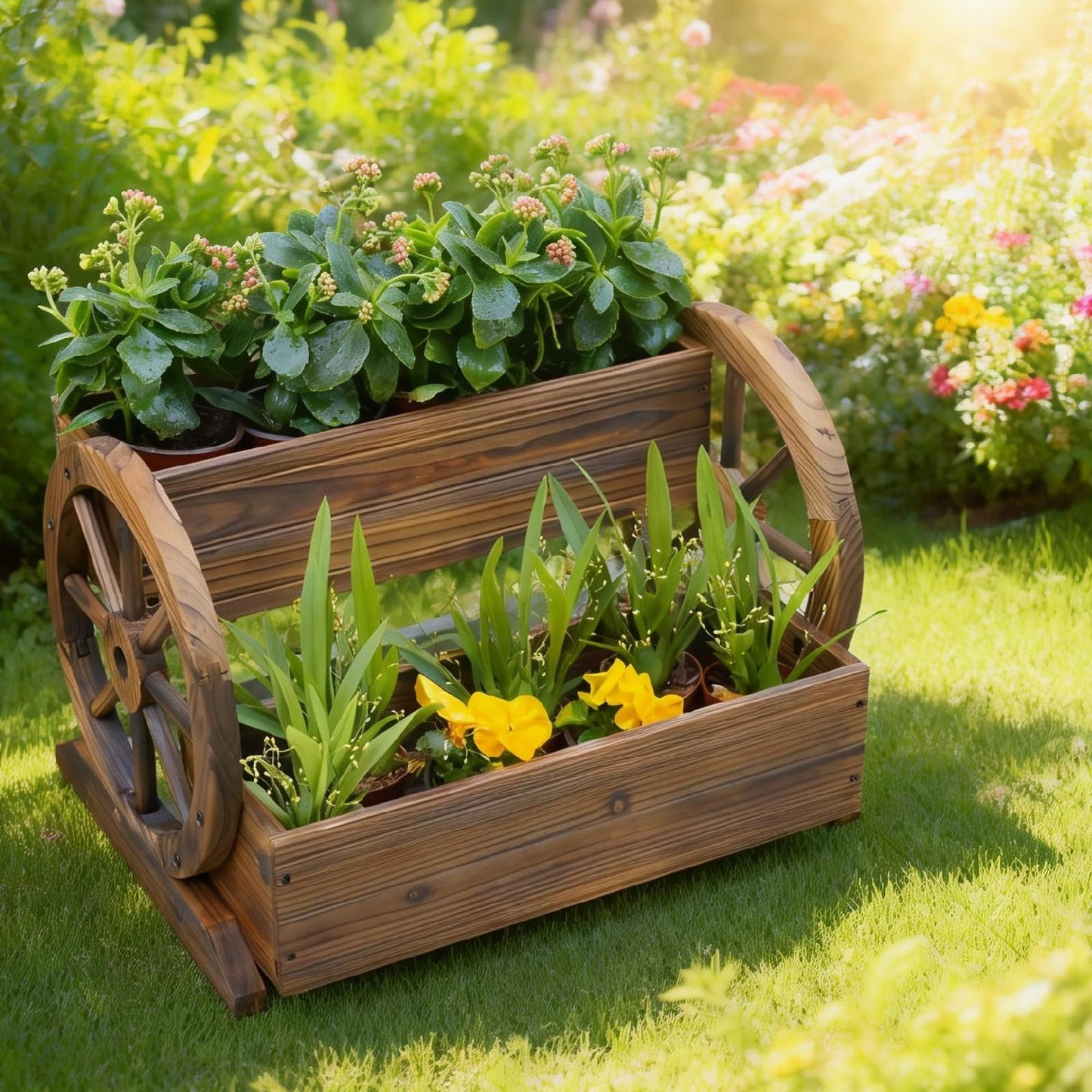 PUPATIOB Wooden Planter Box, 2-Tier Wagon Wheel Garden Planter with Wheels, Rustic Farmhouse Flower Cart Outdoor Decorative Vertical Raised Bed for Patio, Porch, Herbs & Succulents, Carbonized, Large