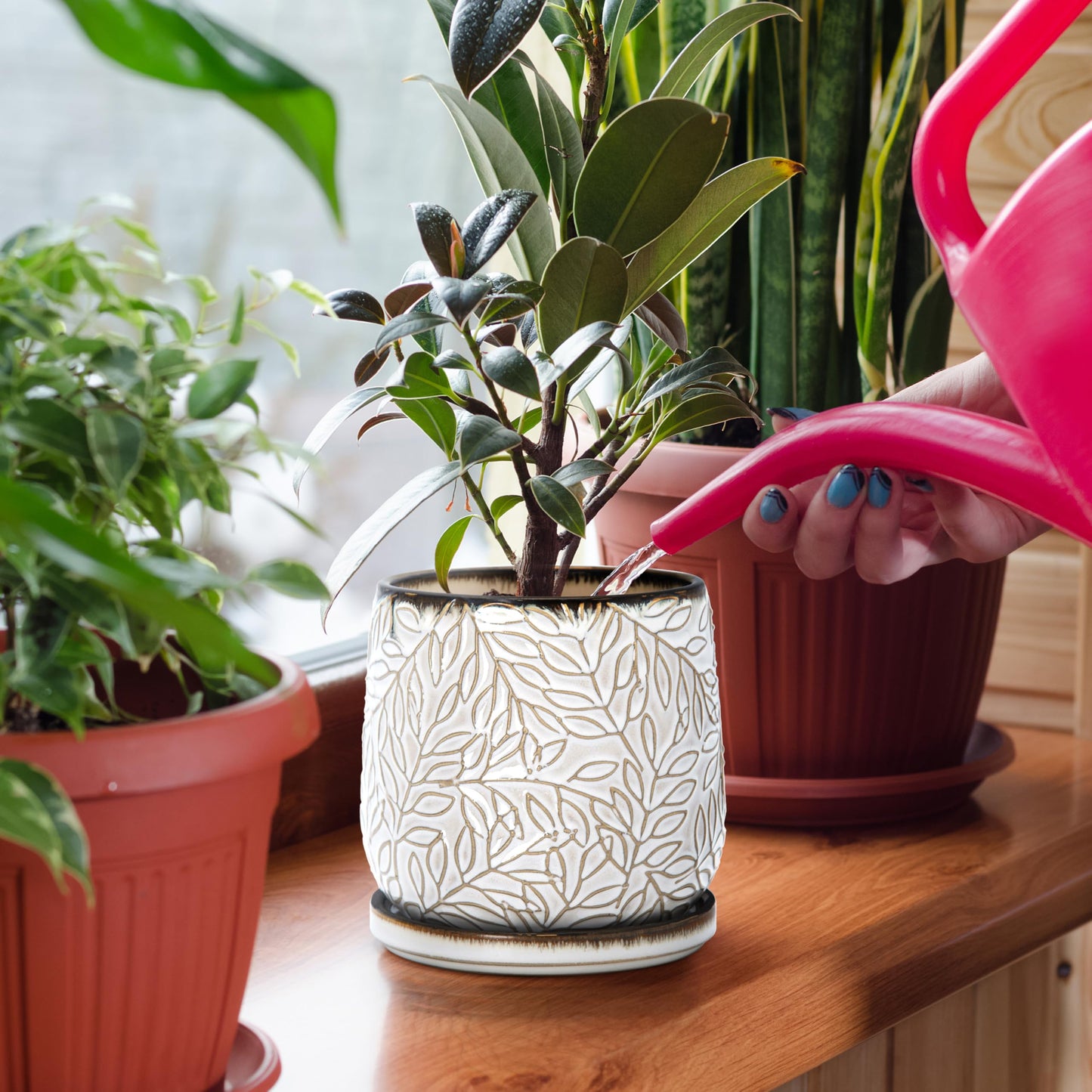 D'vine Dev 5 Inch Embossed Leaves Stoneware Planter Pot with Drainage Hole and Saucer, Smoked White, Set of 2, 27-F-V-1